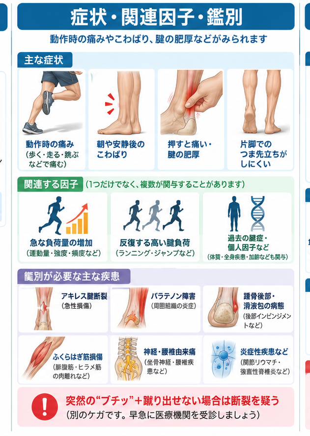 アキレス腱炎の原因・評価・鑑別を示す医学イラスト