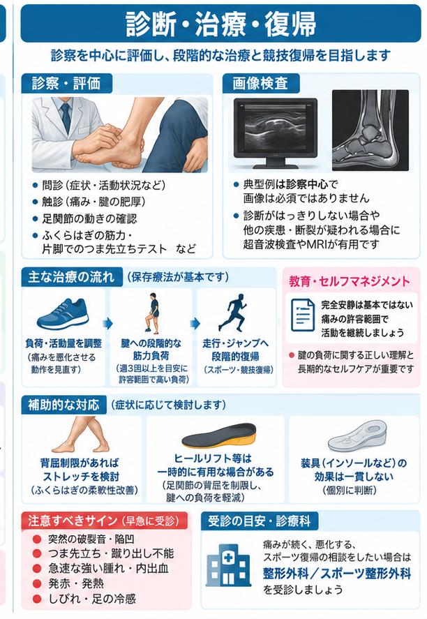 アキレス腱炎の対処・治療・受診目安を示す医学イラスト