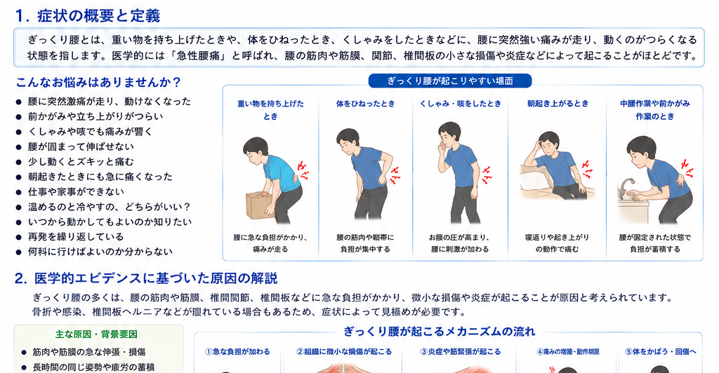 ぎっくり腰の症状・解剖・特徴を示す医学イラスト