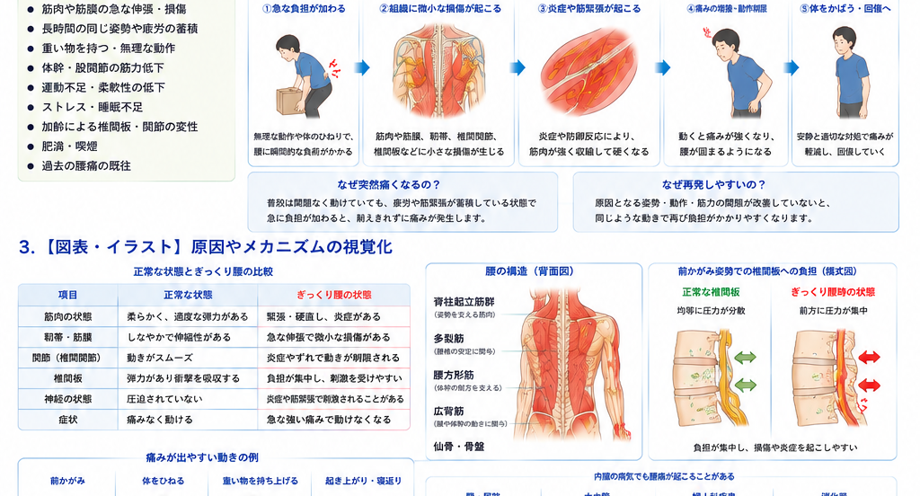 ぎっくり腰の原因・評価・鑑別を示す医学イラスト