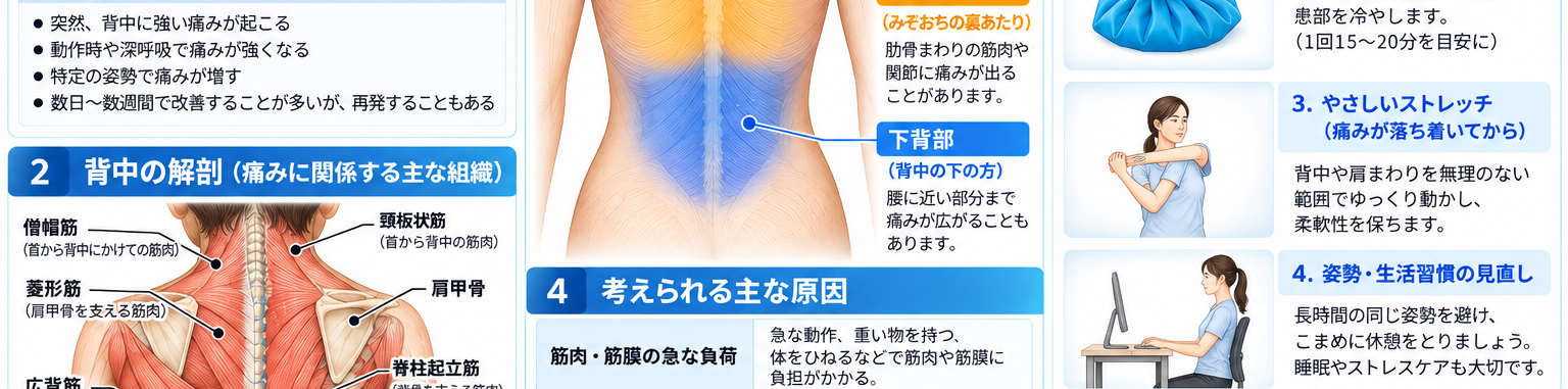 ぎっくり背中の原因・評価・鑑別を示す医学イラスト