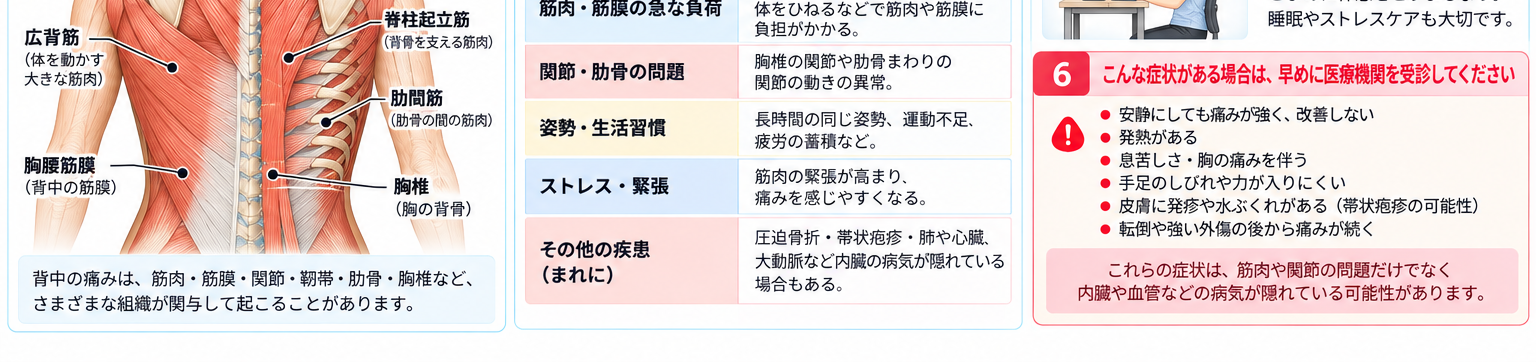 ぎっくり背中の対処・治療・受診目安を示す医学イラスト