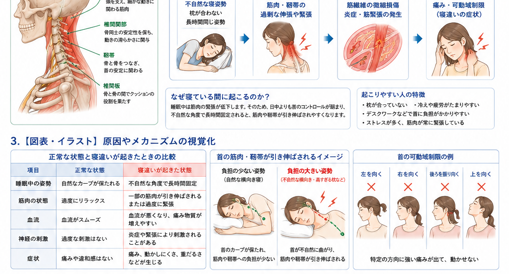 寝違いの原因・評価・鑑別を示す医学イラスト