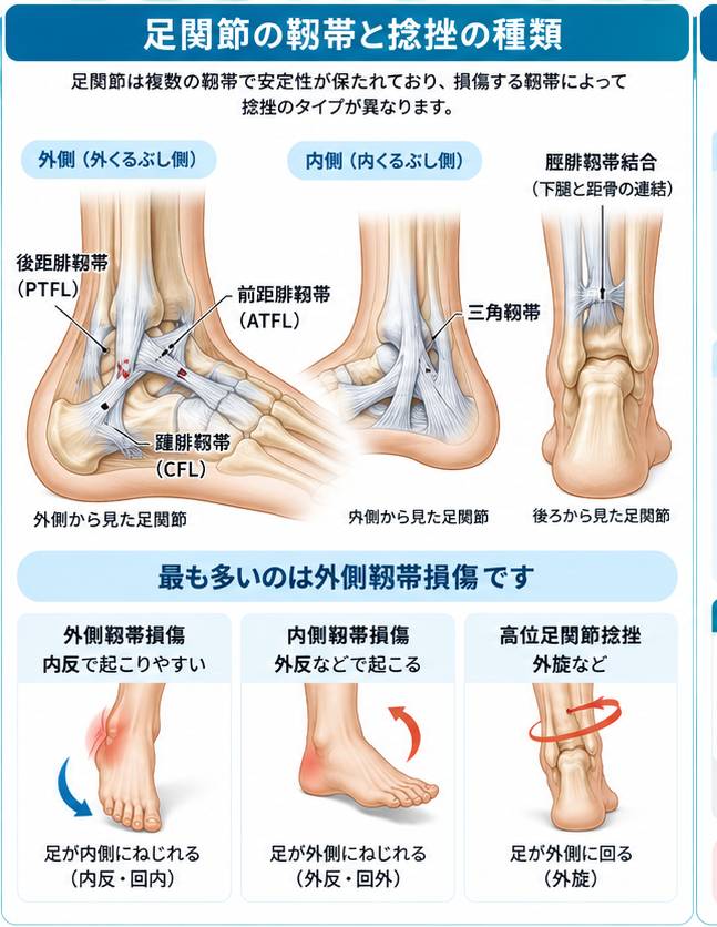 足関節捻挫の症状・解剖・特徴を示す医学イラスト