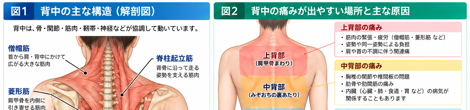 背中の痛みの症状・解剖・特徴を示す医学イラスト