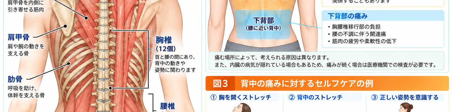背中の痛みの原因・評価・鑑別を示す医学イラスト