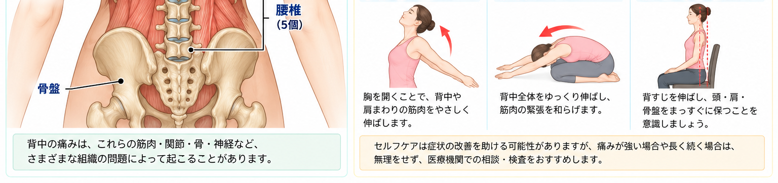 背中の痛みの対処・治療・受診目安を示す医学イラスト