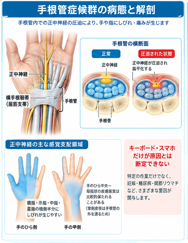 手根管症候群の症状・解剖・特徴を示す医学イラスト