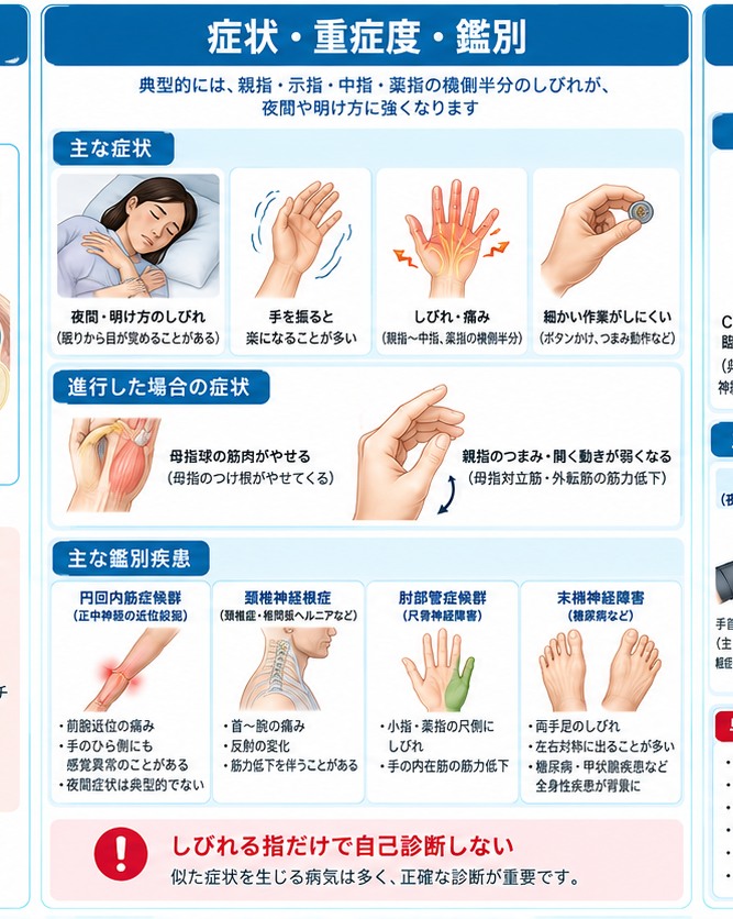 手根管症候群の原因・評価・鑑別を示す医学イラスト