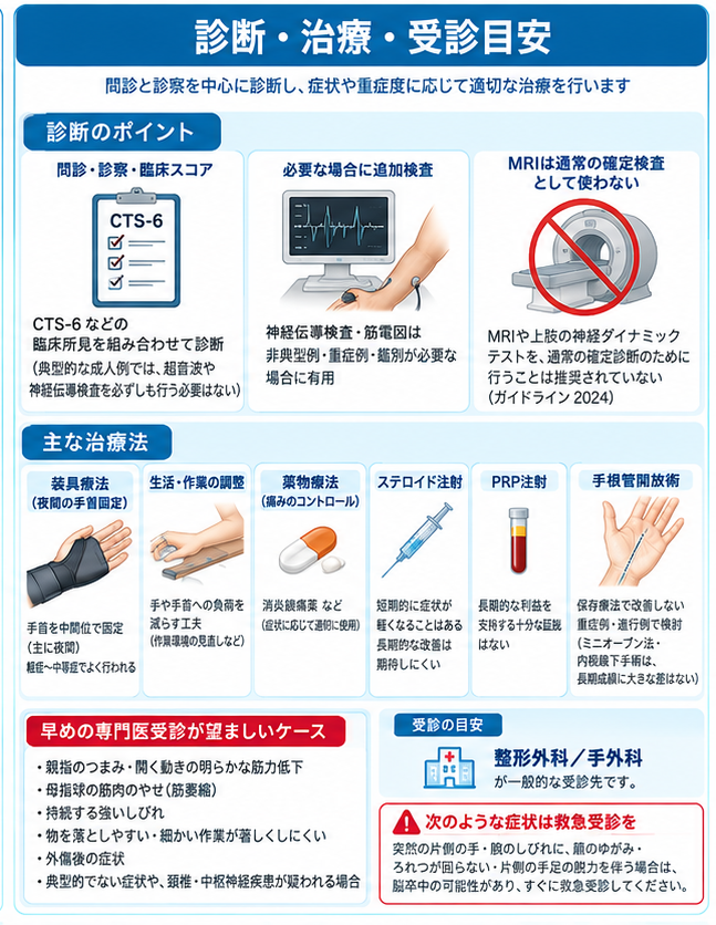 手根管症候群の対処・治療・受診目安を示す医学イラスト