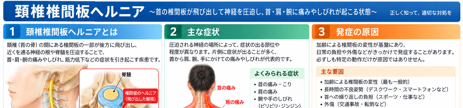 頚椎椎間板ヘルニアの症状・解剖・特徴を示す医学イラスト