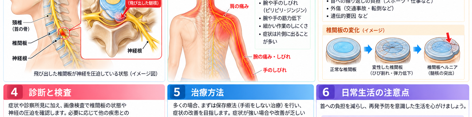 頚椎椎間板ヘルニアの原因・評価・鑑別を示す医学イラスト