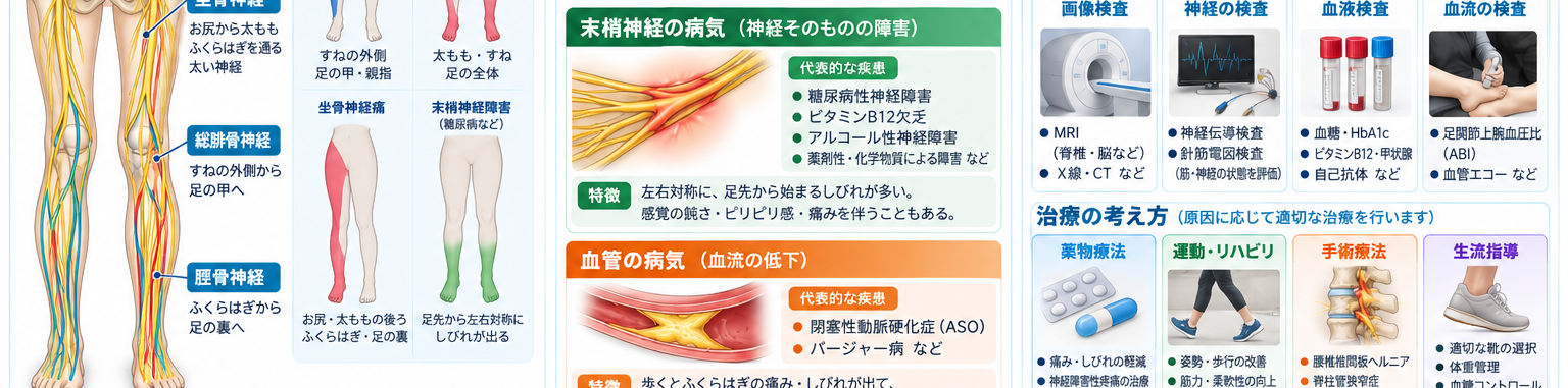 足の痺れの原因・評価・鑑別を示す医学イラスト