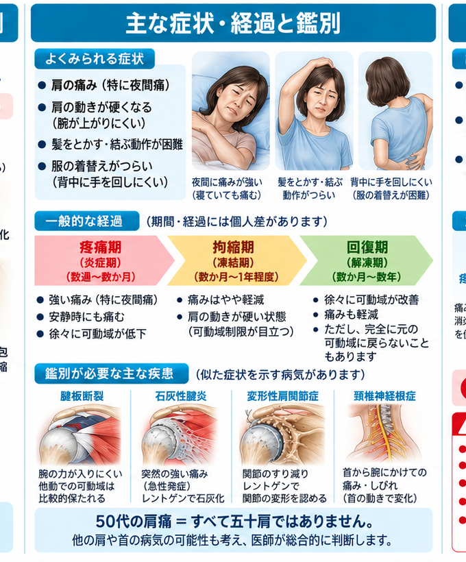 五十肩の原因・評価・鑑別を示す医学イラスト
