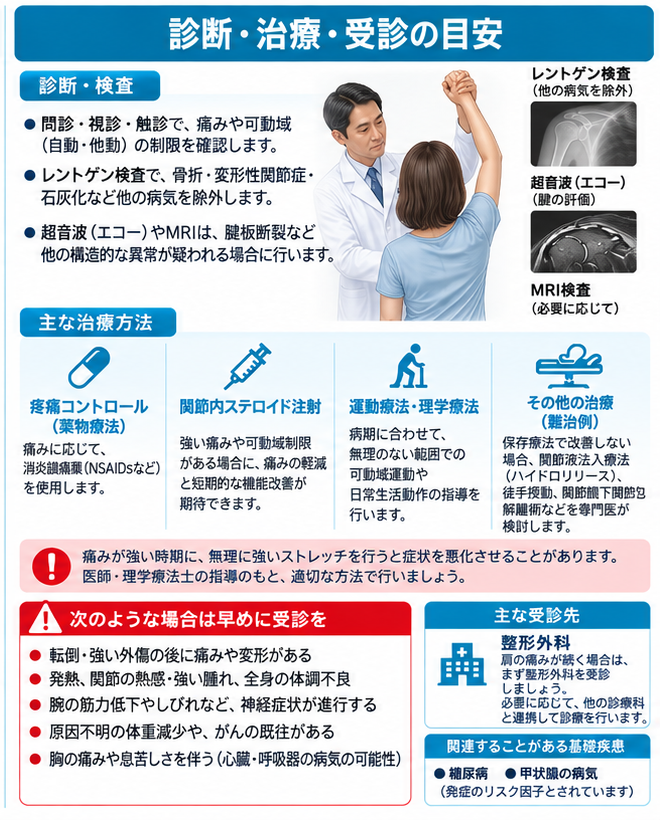 五十肩の対処・治療・受診目安を示す医学イラスト