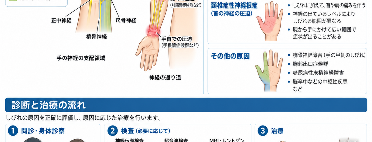 手の痺れの原因・評価・鑑別を示す医学イラスト