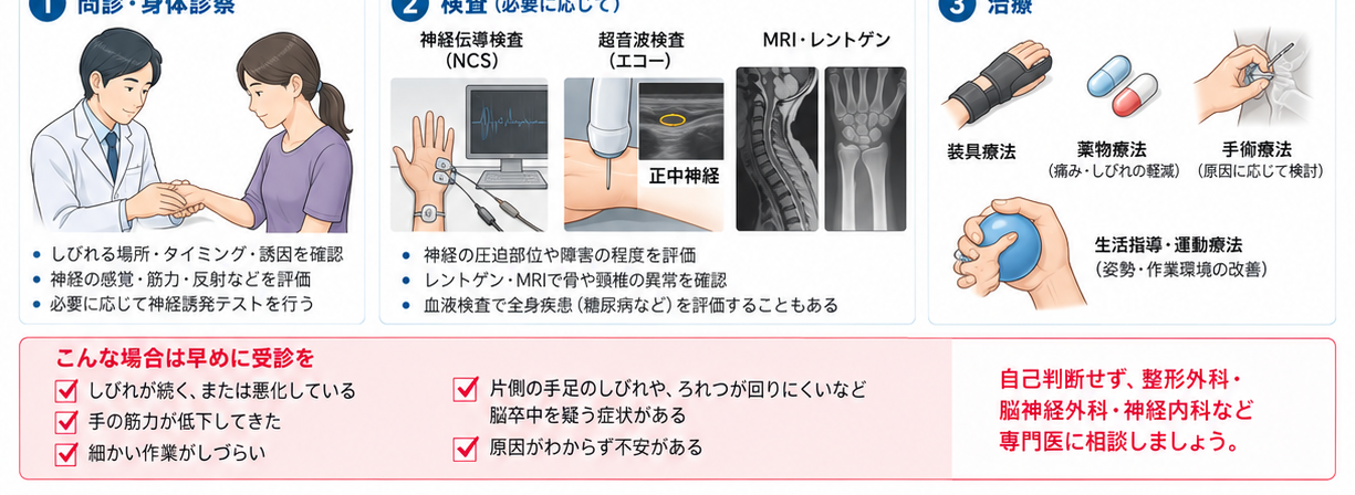 手の痺れの対処・治療・受診目安を示す医学イラスト