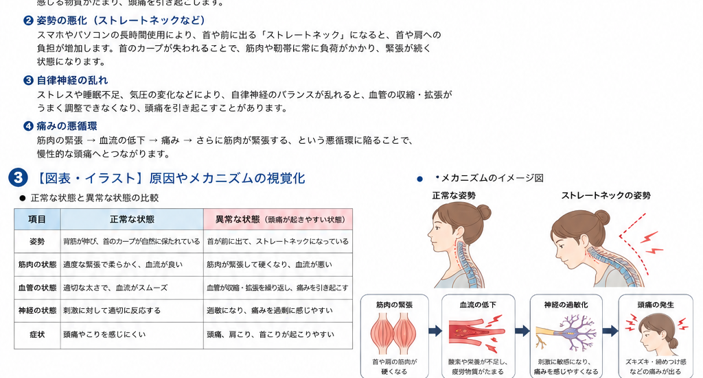 頭痛の原因・評価・鑑別を示す医学イラスト