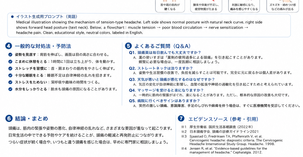頭痛の対処・治療・受診目安を示す医学イラスト
