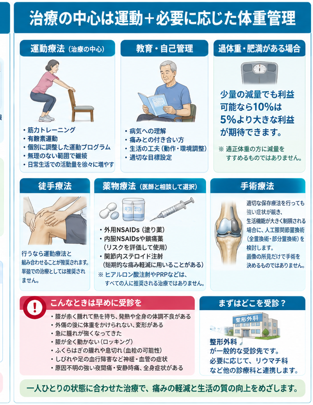 変形性膝関節症の対処・治療・受診目安を示す医学イラスト