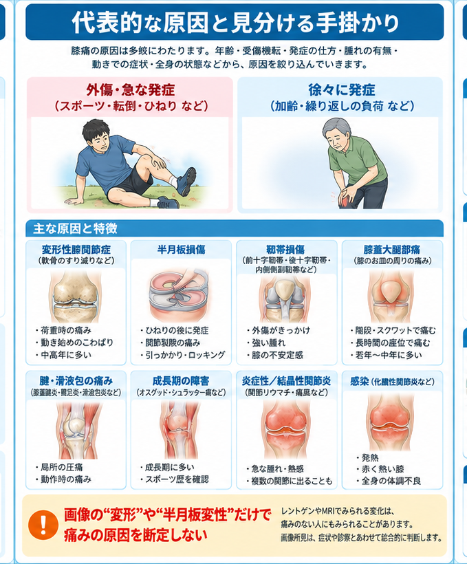 膝痛の原因・評価・鑑別を示す医学イラスト