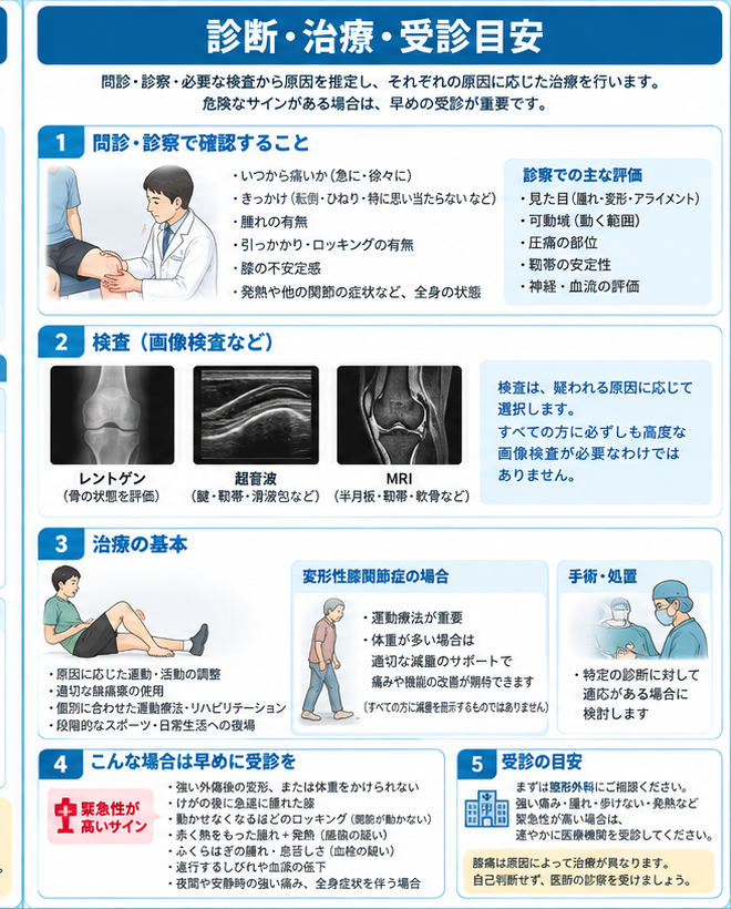 膝痛の対処・治療・受診目安を示す医学イラスト