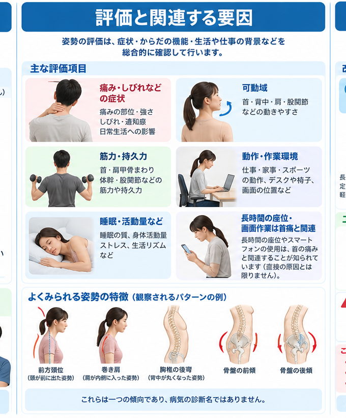 猫背矯正の原因・評価・鑑別を示す医学イラスト