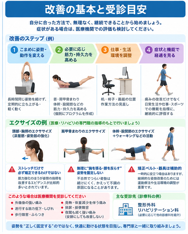 猫背矯正の対処・治療・受診目安を示す医学イラスト