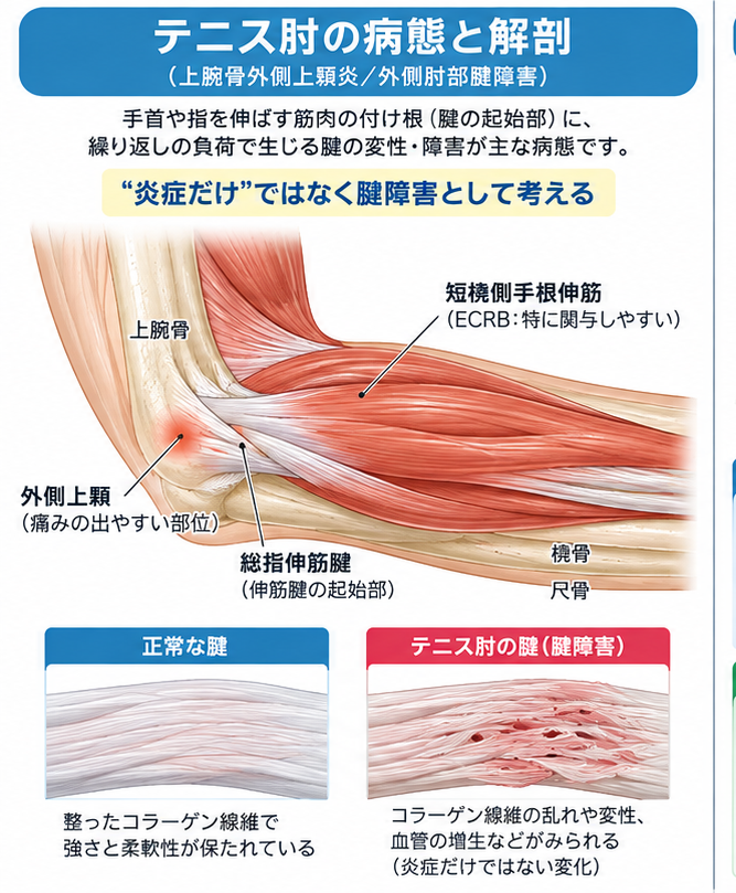 テニス肘の症状・解剖・特徴を示す医学イラスト