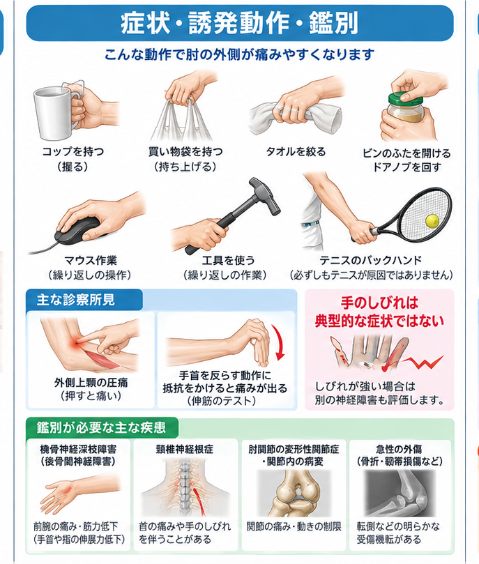 テニス肘の原因・評価・鑑別を示す医学イラスト