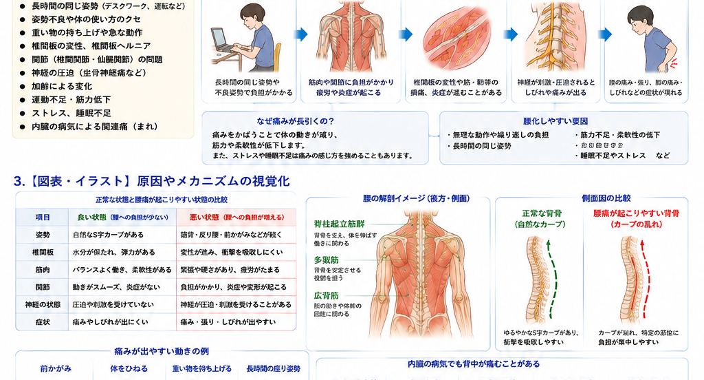 腰痛の原因・評価・鑑別を示す医学イラスト