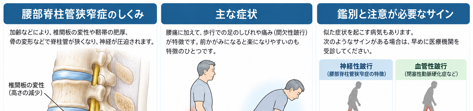 腰部脊柱管狭窄症の症状・解剖・特徴を示す医学イラスト