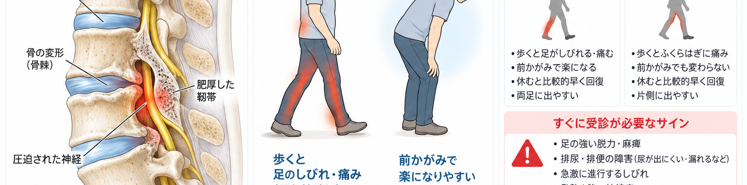 腰部脊柱管狭窄症の原因・評価・鑑別を示す医学イラスト