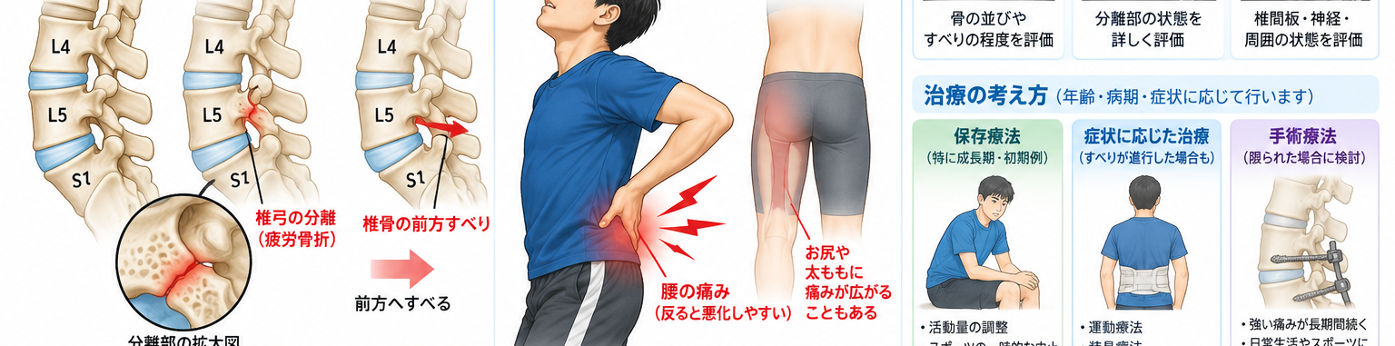 腰椎分離症・分離すべり症の原因・評価・鑑別を示す医学イラスト