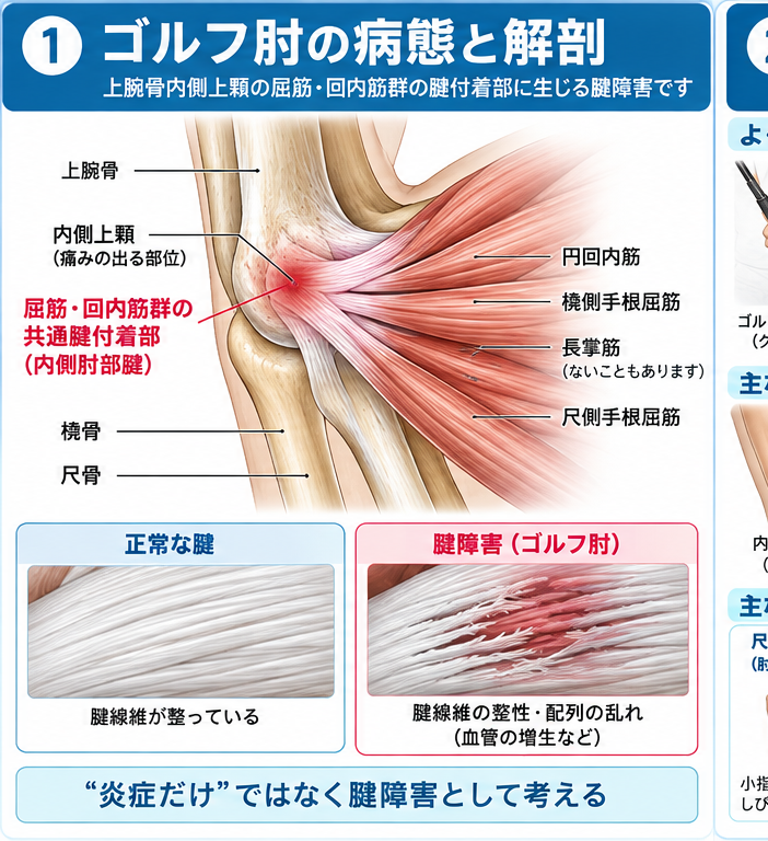 ゴルフ肘の症状・解剖・特徴を示す医学イラスト