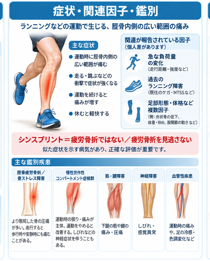 シンスプリントの原因・評価・鑑別を示す医学イラスト