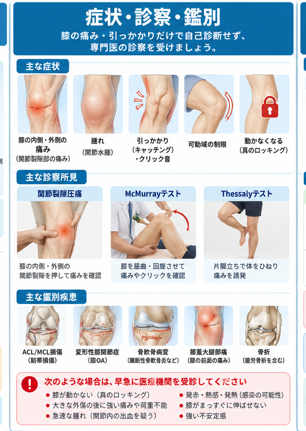 半月板損傷の原因・評価・鑑別を示す医学イラスト