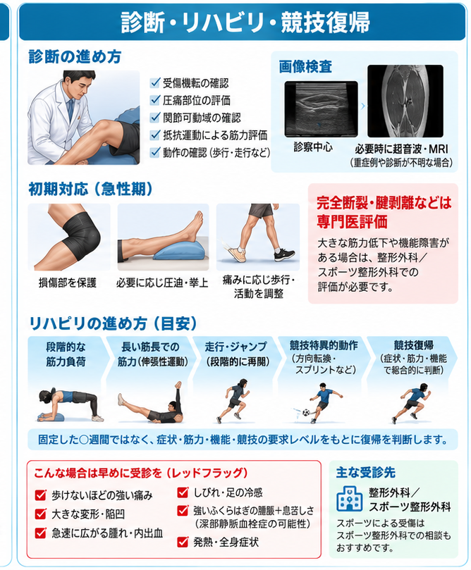 肉離れの対処・治療・受診目安を示す医学イラスト