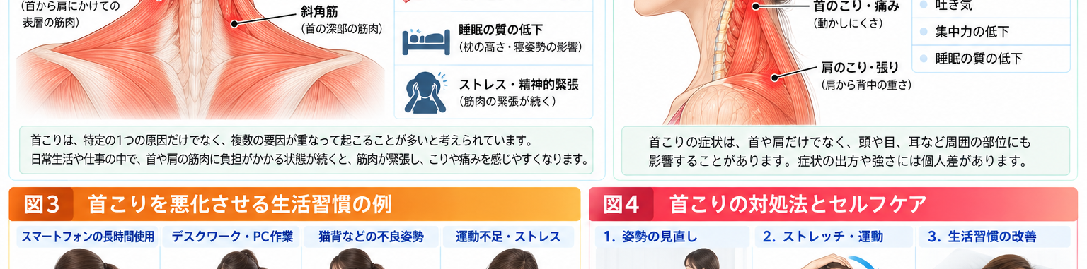 首こりの原因・評価・鑑別を示す医学イラスト