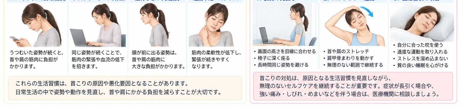 首こりの対処・治療・受診目安を示す医学イラスト