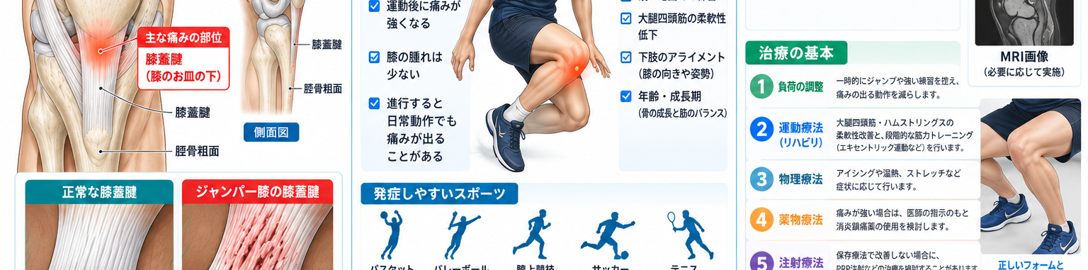 ジャンパー膝の原因・評価・鑑別を示す医学イラスト
