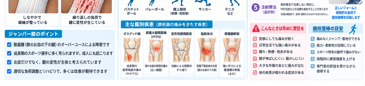 ジャンパー膝の対処・治療・受診目安を示す医学イラスト