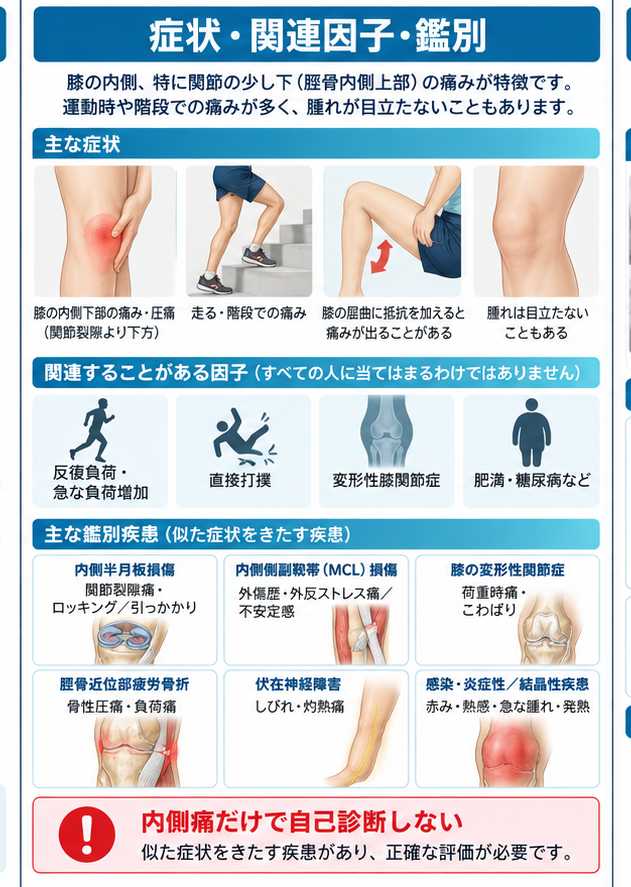 鵞足炎の原因・評価・鑑別を示す医学イラスト