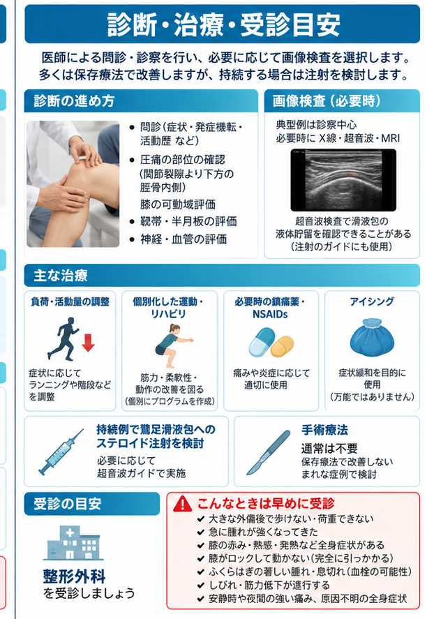 鵞足炎の対処・治療・受診目安を示す医学イラスト