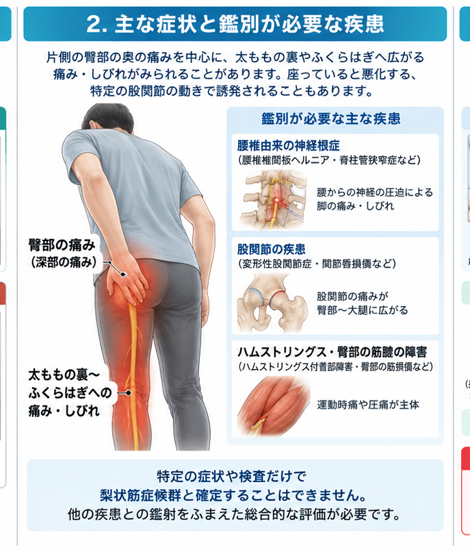 梨状筋症候群の原因・評価・鑑別を示す医学イラスト