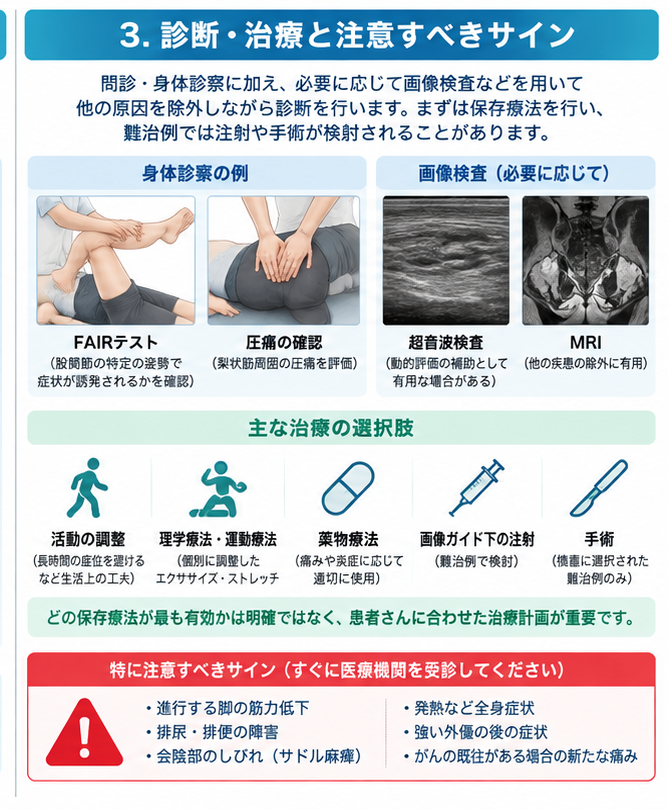 梨状筋症候群の対処・治療・受診目安を示す医学イラスト