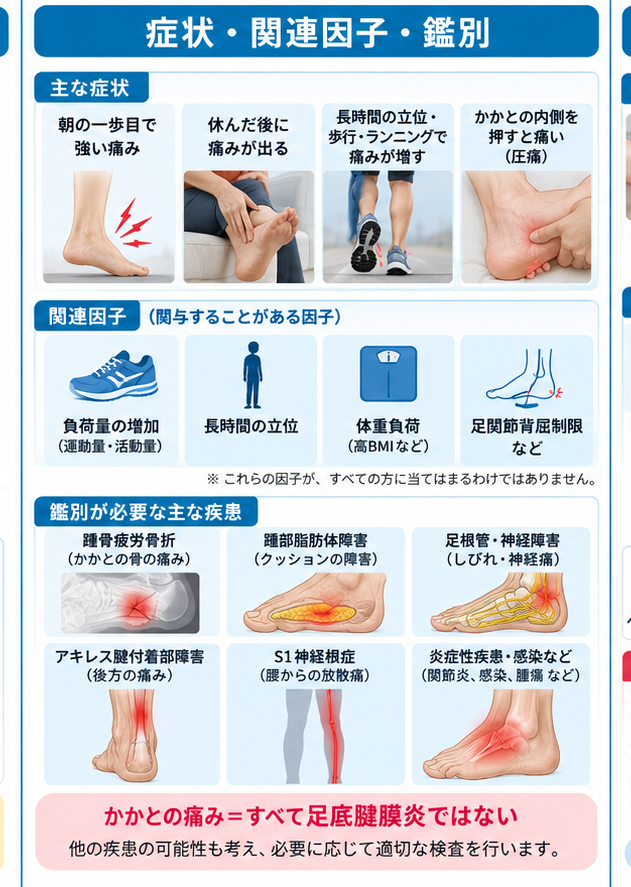 足底腱膜炎の原因・評価・鑑別を示す医学イラスト