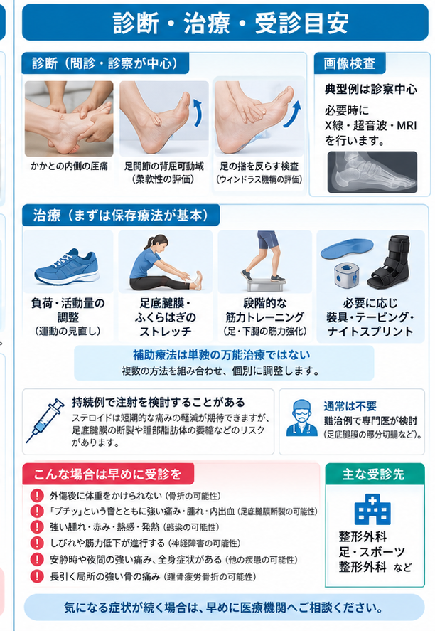 足底腱膜炎の対処・治療・受診目安を示す医学イラスト