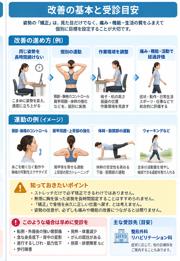姿勢矯正の対処・治療・受診目安を示す医学イラスト