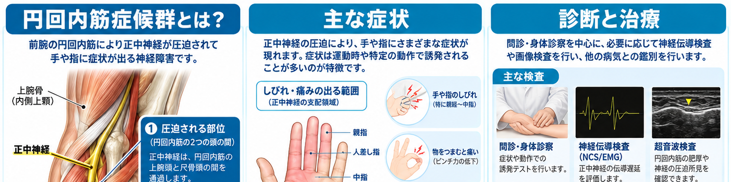 円回内筋症候群の症状・解剖・特徴を示す医学イラスト